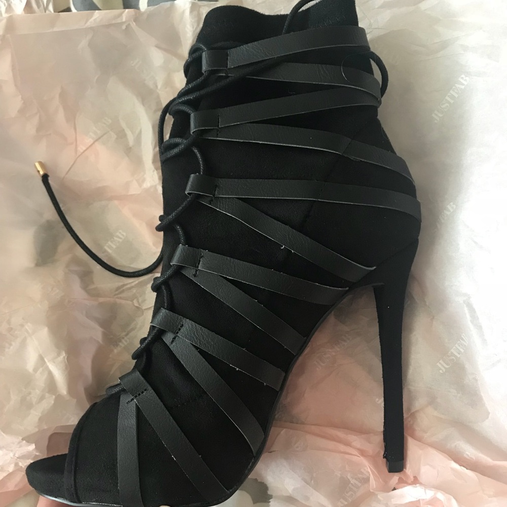 Laced up open toe black suede booties